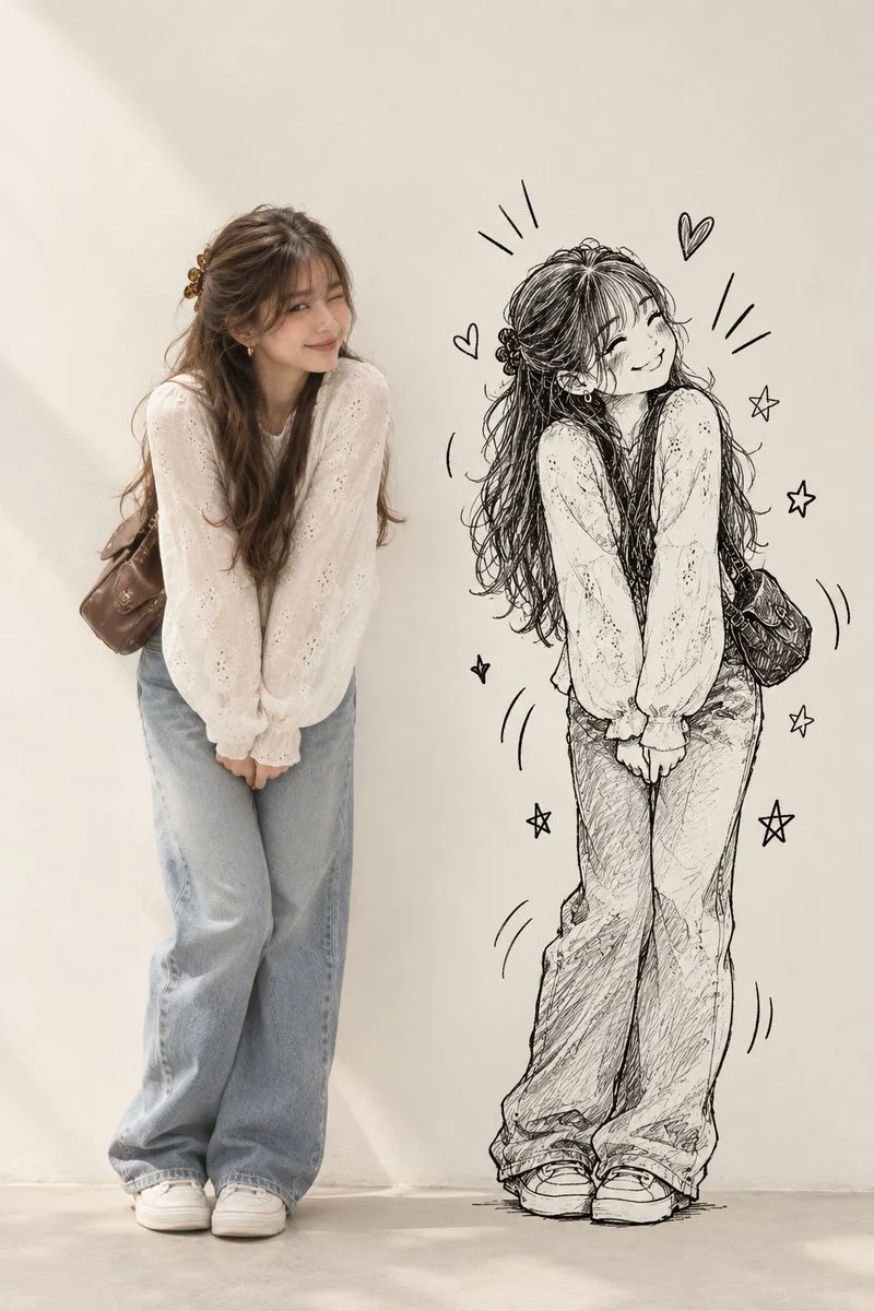 Playful portrait with doodle shadow mimics exaggerated pose