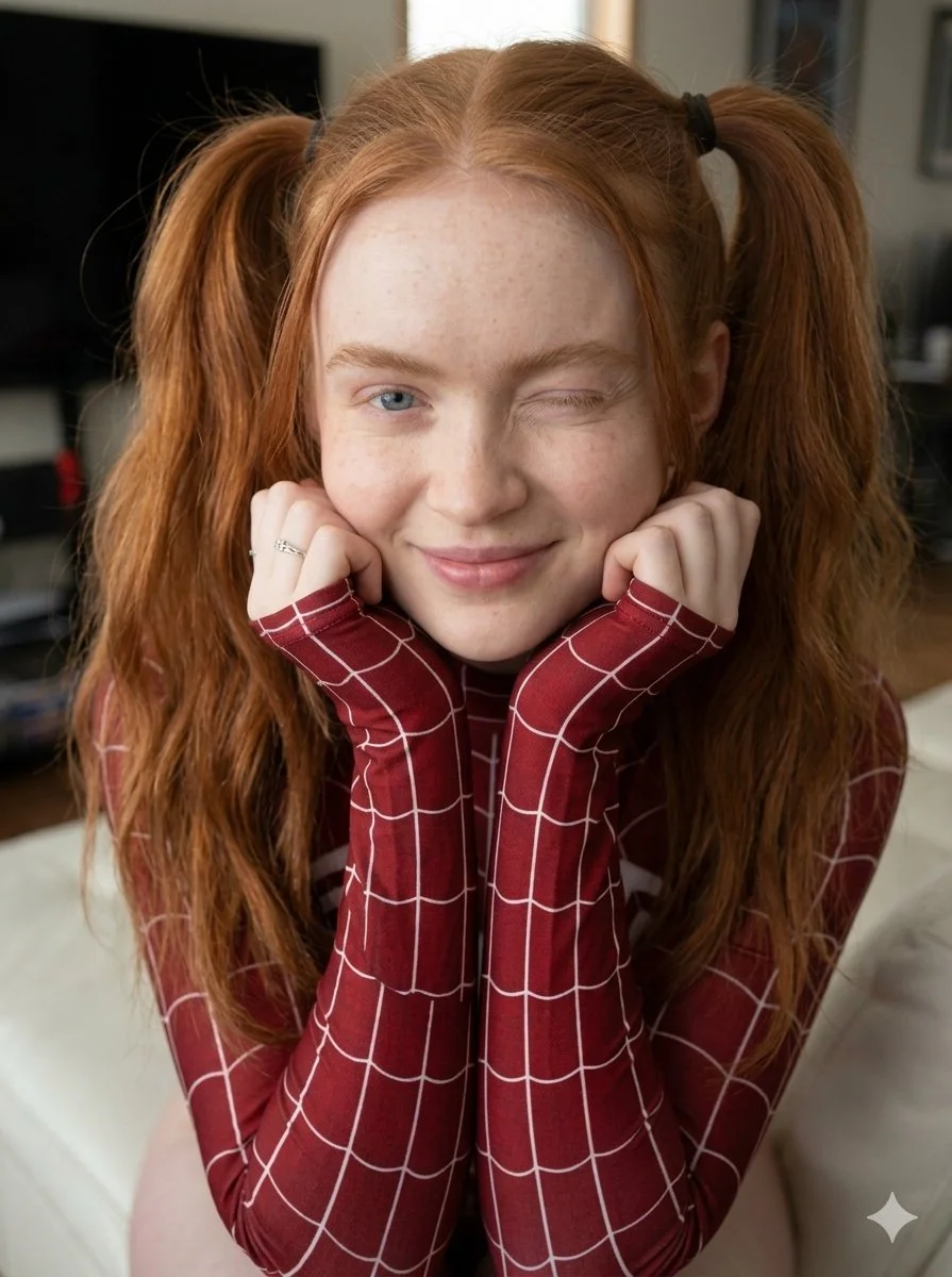 Playful Redhead in Spider-Themed Superhero Bodysuit