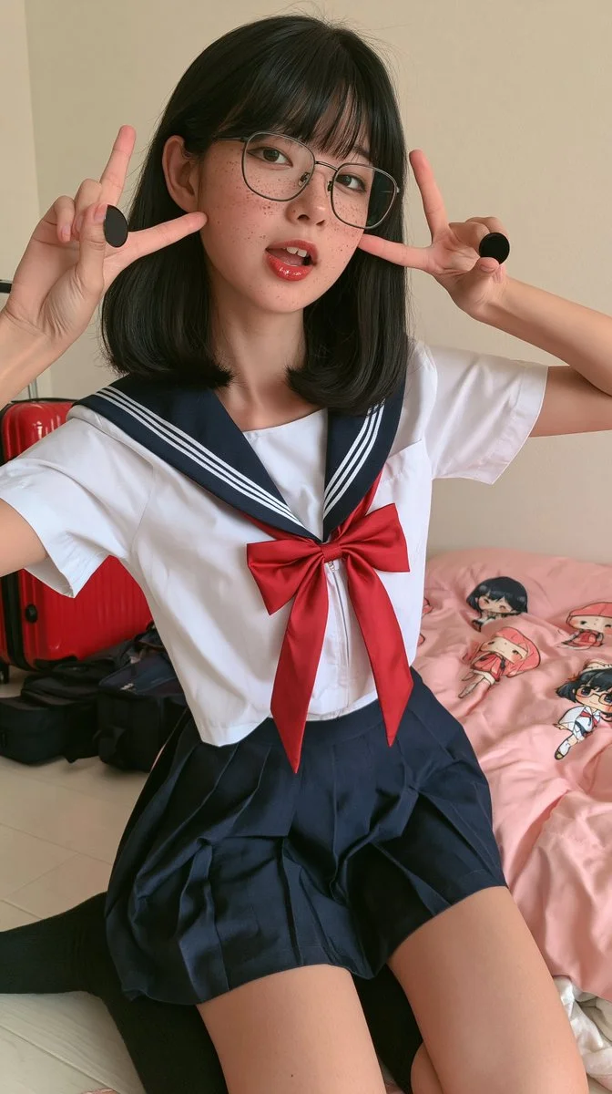 Playful schoolgirl with peace signs and suitcase in cozy room
