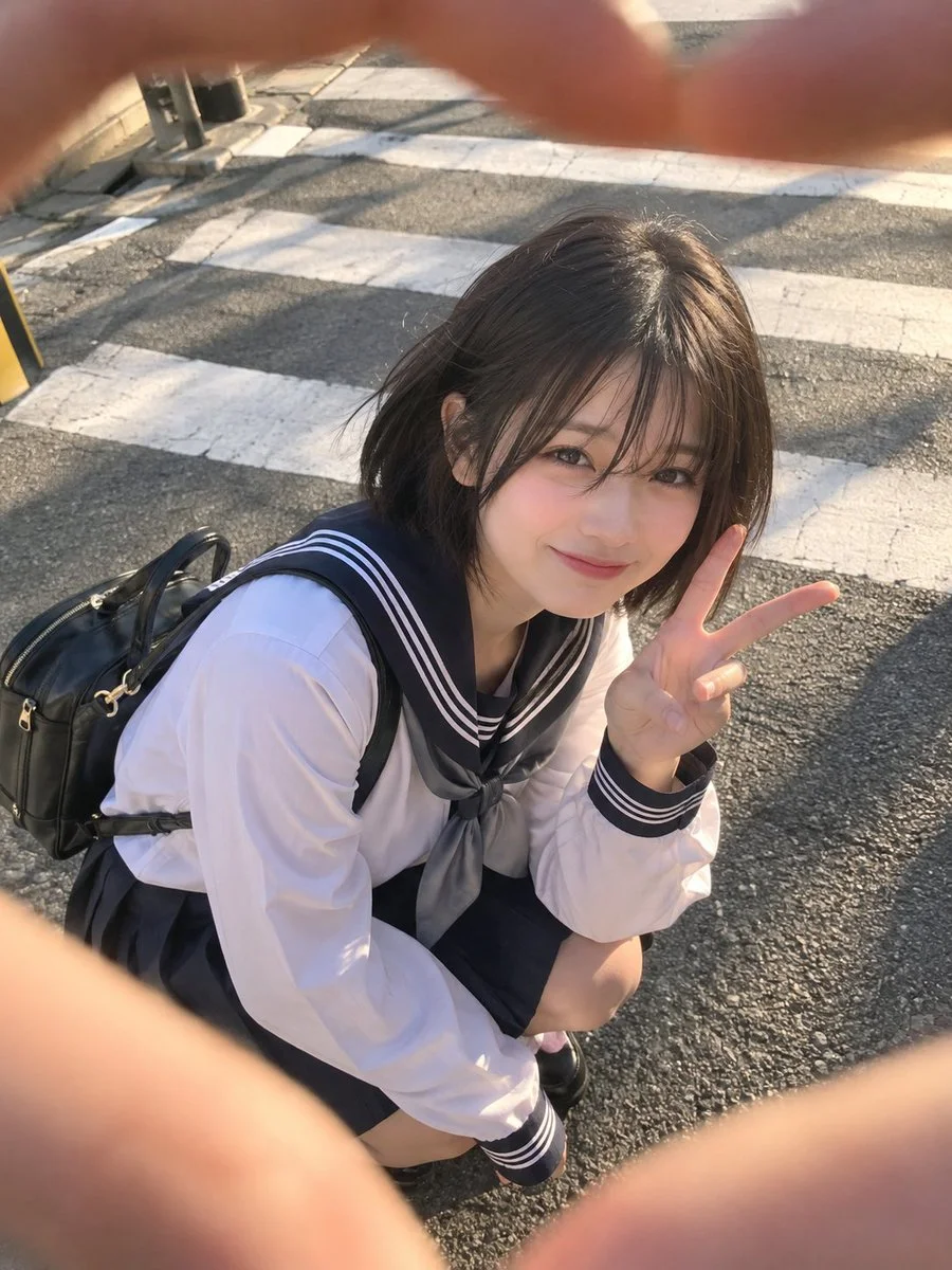 Playful Student In Sailor Uniform Poses With Heart-Shaped Hands