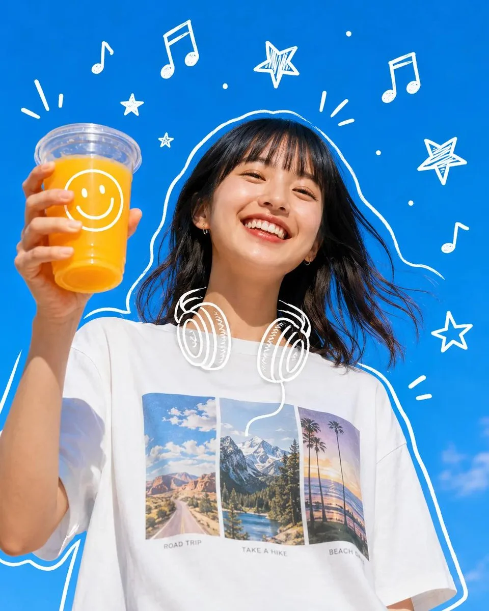 Playful summer portrait with doodle overlays and milkshake cup