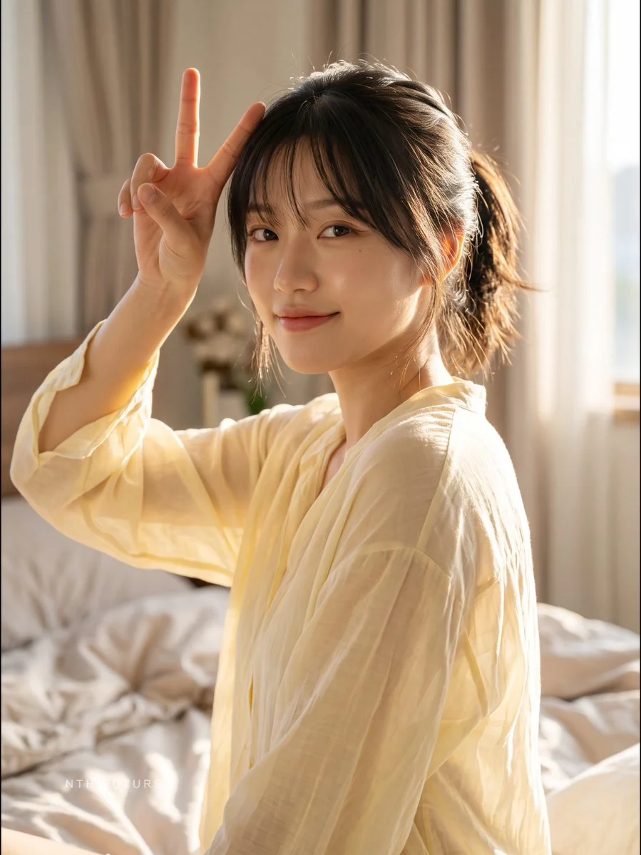 Playful Vietnamese woman in pale yellow shirt smiles in sunlit bedroom