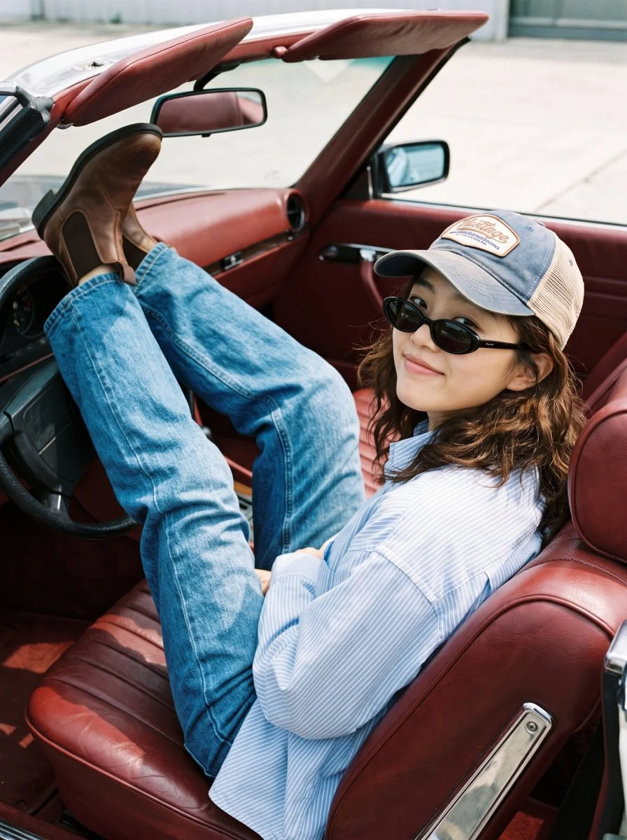 Playful woman in vintage car flashes smile in sunny candid snapshot