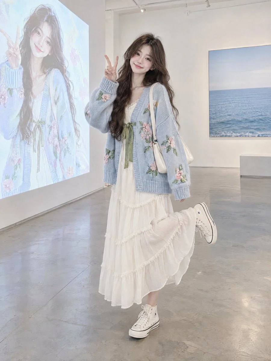 Playful Woman Poses in Bright Minimalist Art Gallery
