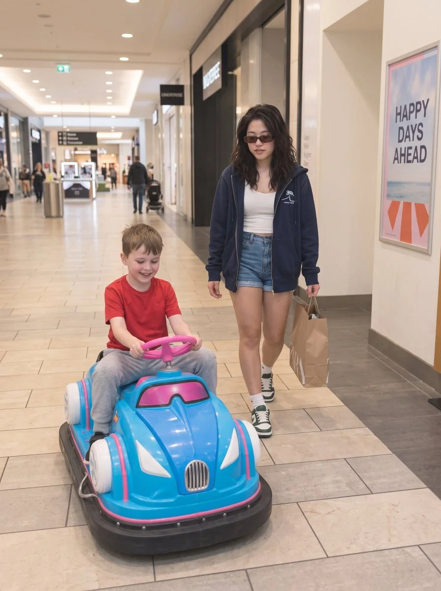 Playful woman reclaims childhood joy on a mall bumper car ride