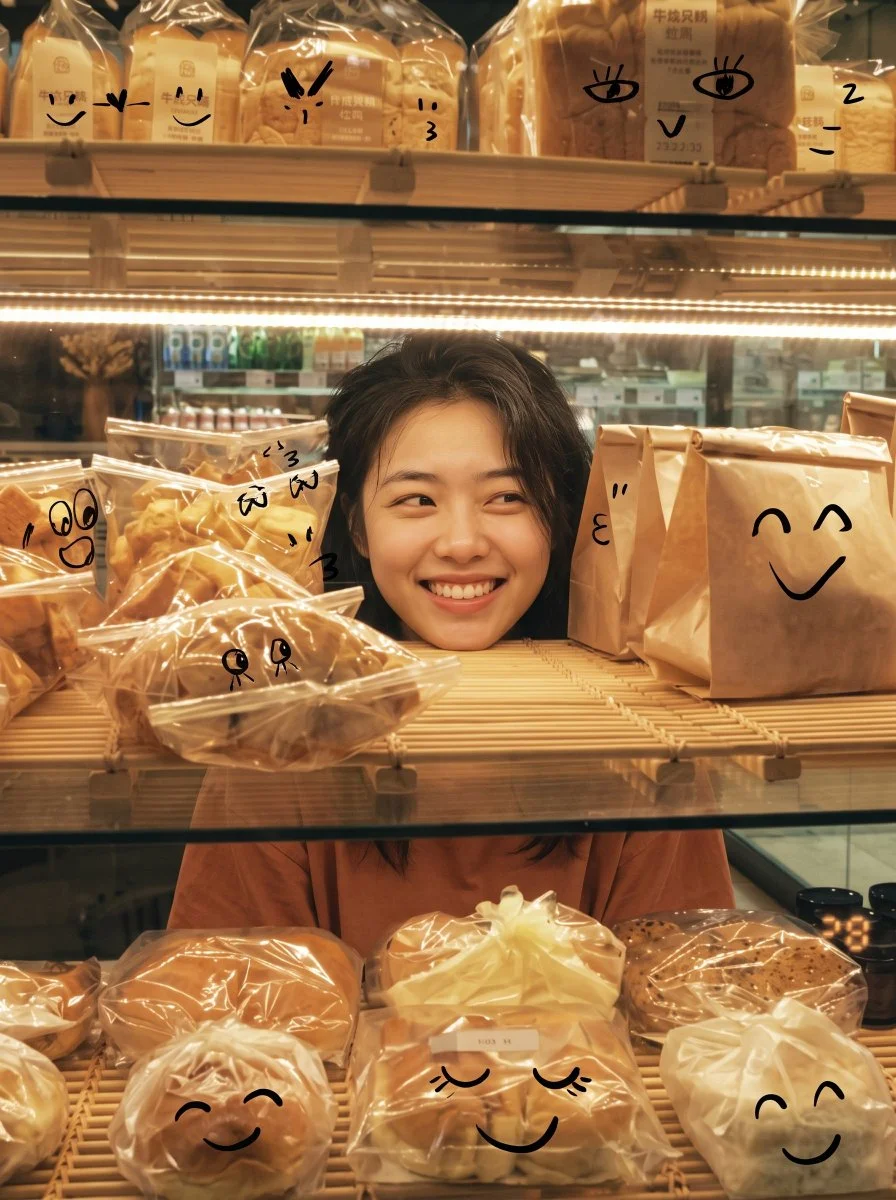 Playful Woman Resting Chin on Bakery Shelf with Warm Smile