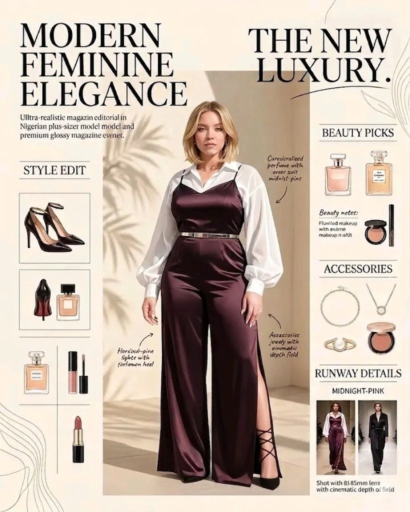 Plum satin jumpsuit shines against warm beige and soft shadows