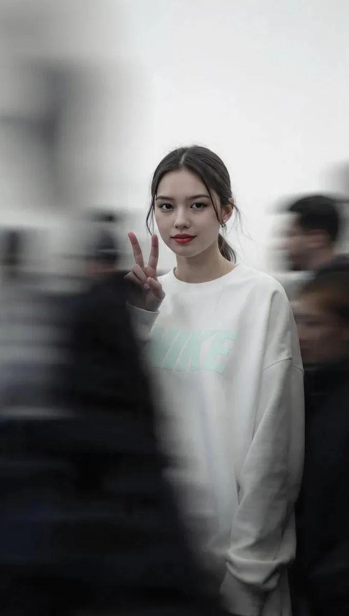 Poised Stillness Amid Urban Motion in High-Fashion Portrait