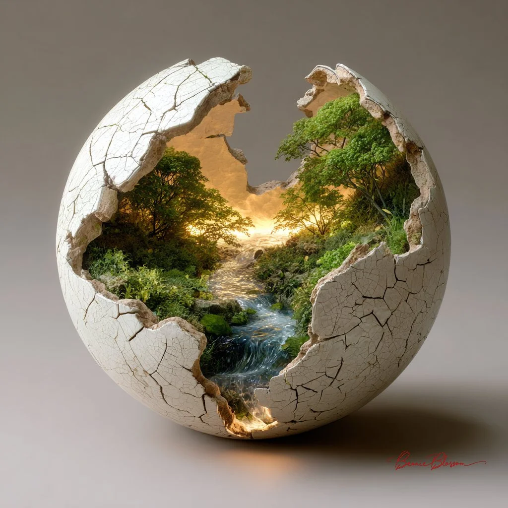 Porcelain Sphere with Hidden Lush Miniature World