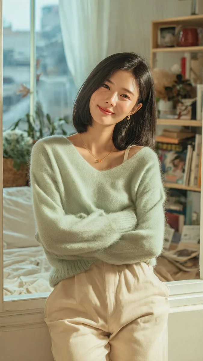 Portrait of a smiling woman with bob haircut in warm interior