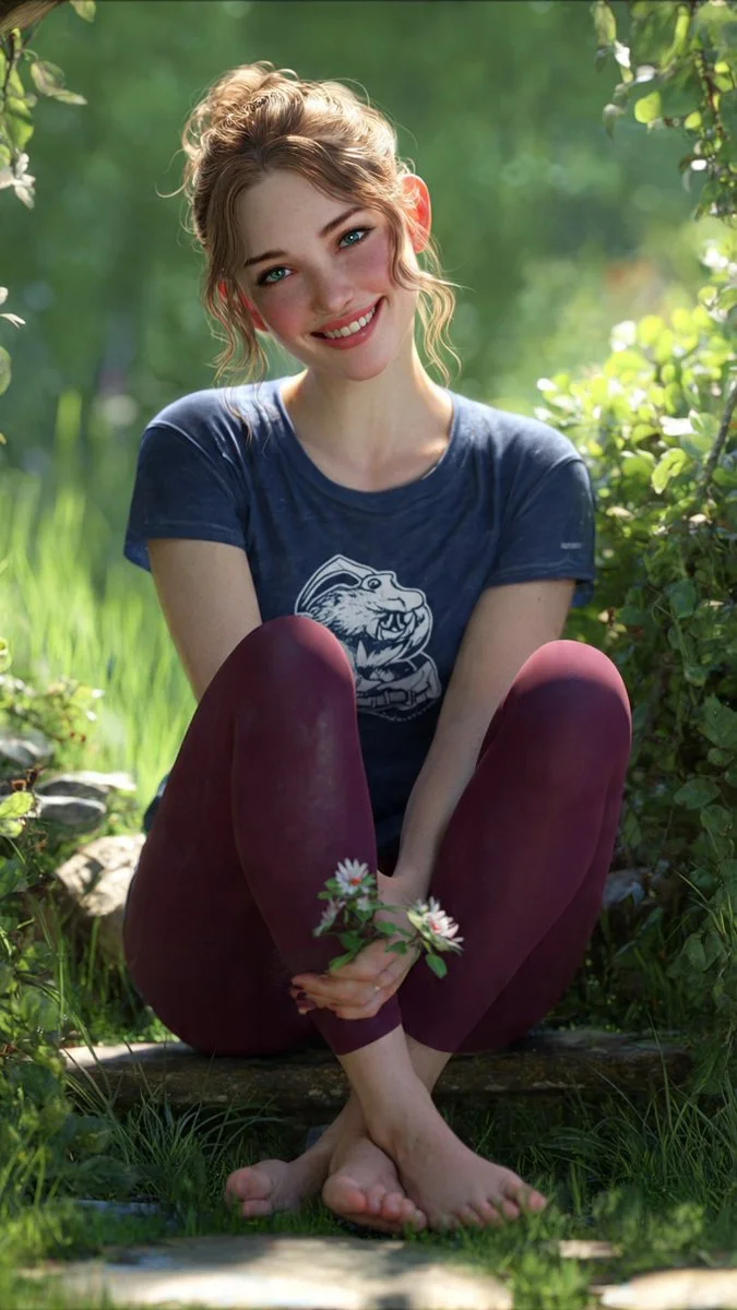 Portrait of serene woman in navy tee and maroon leggings