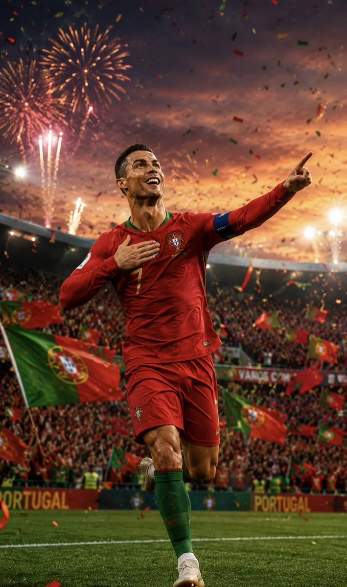 Portugal's captain Ronaldo strikes an iconic pose amid confetti and fireworks
