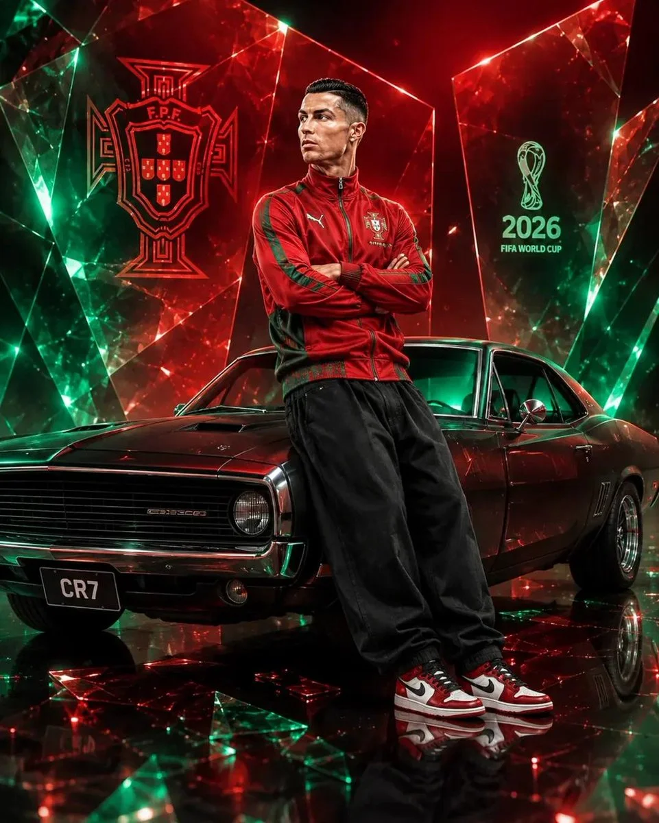 Portuguese football icon stands confidently before a glossy black muscle car