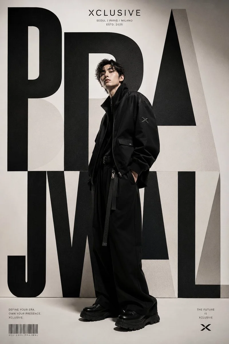 Prajwal typography towers over a model in monochrome luxury streetwear