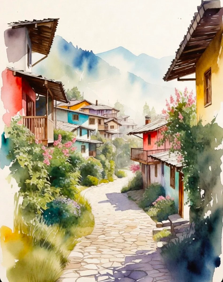 Prayer flags flutter above cobblestone lane in mountain village