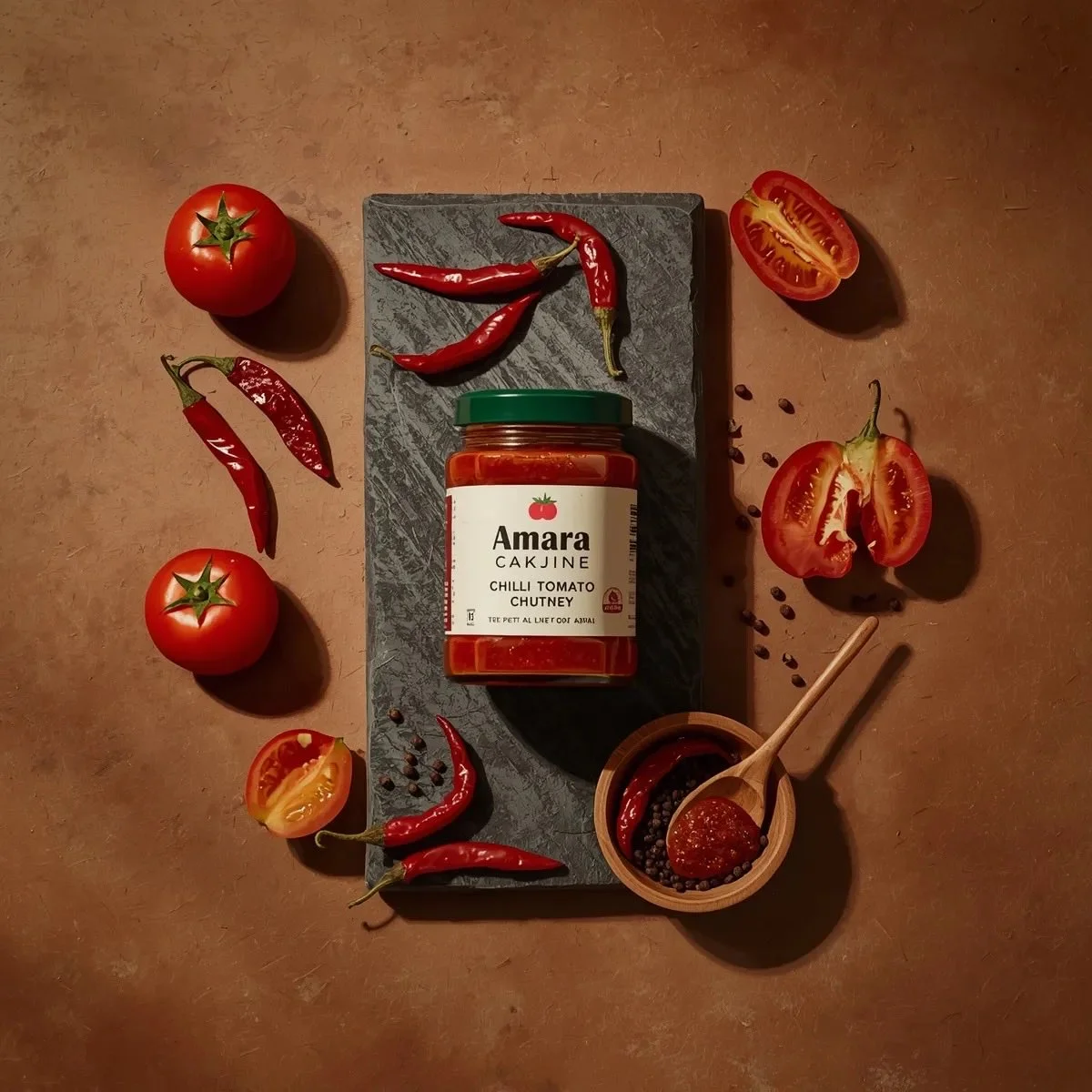 Premium Chili Tomato Chutney Jar on Dark Stone Slab