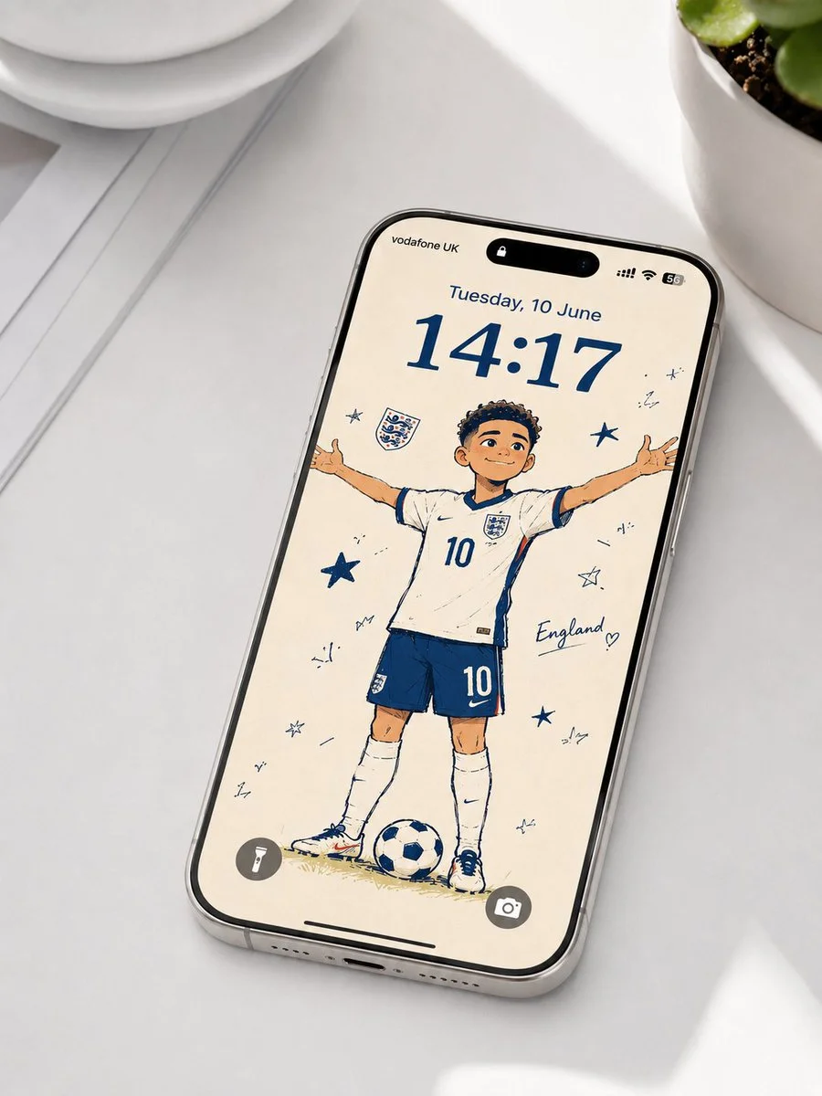 Premium smartphone with England cartoon footballer on lock screen