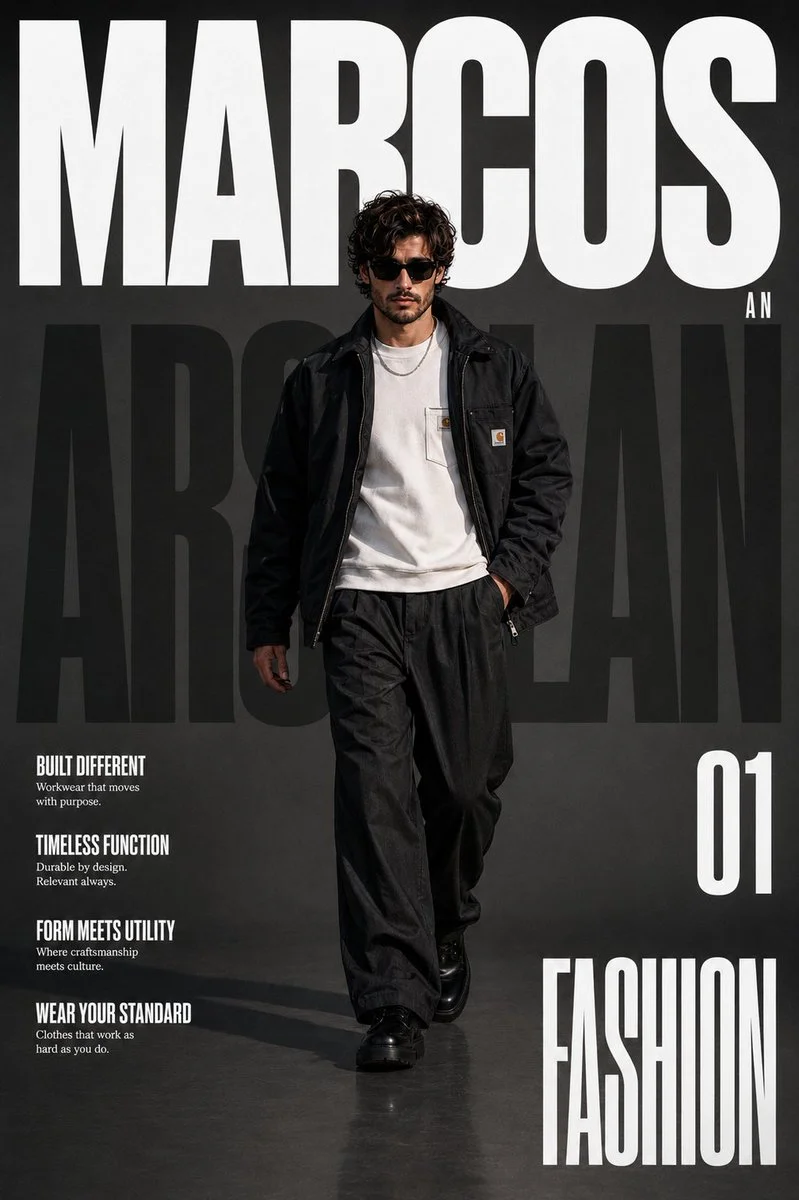 Premium workwear fashion cover features bold typography and studio lighting