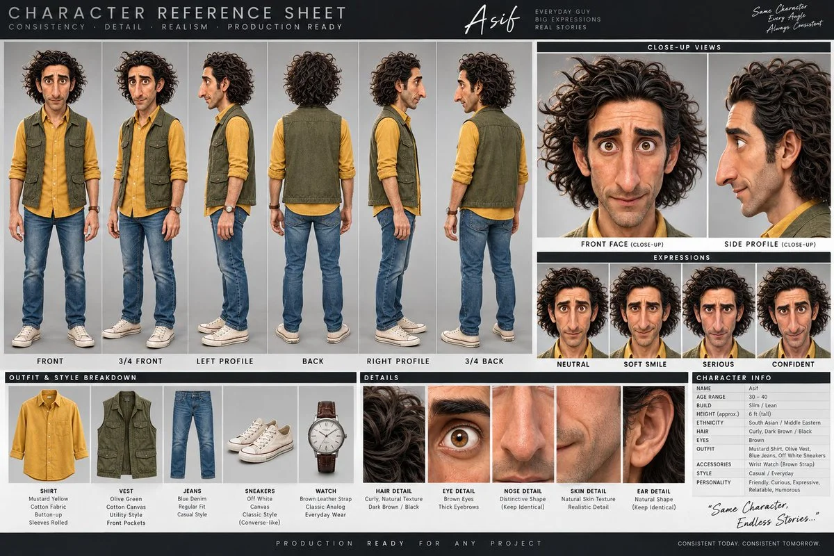 Professional character reference sheet for film and animation preproduction