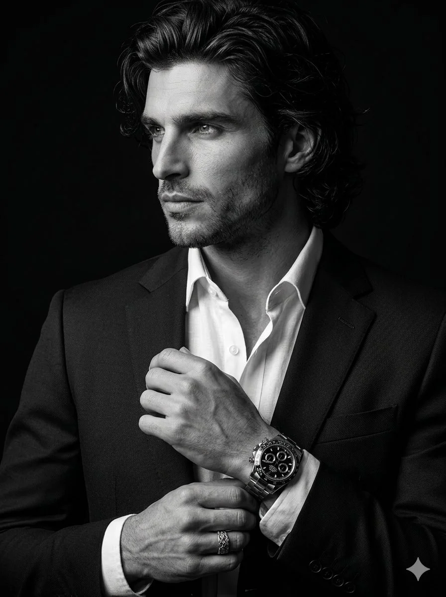 Professional man adjusts silver watch in dramatic black-and-white portrait