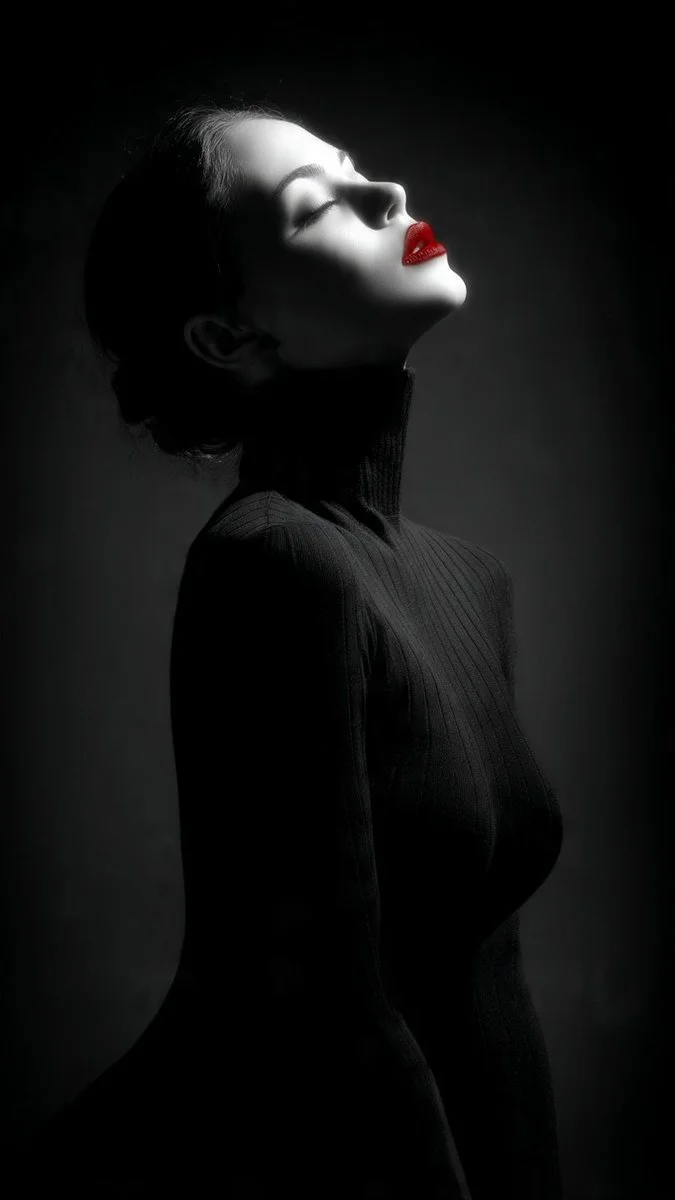 Profile of a woman with red lips in stark black and white
