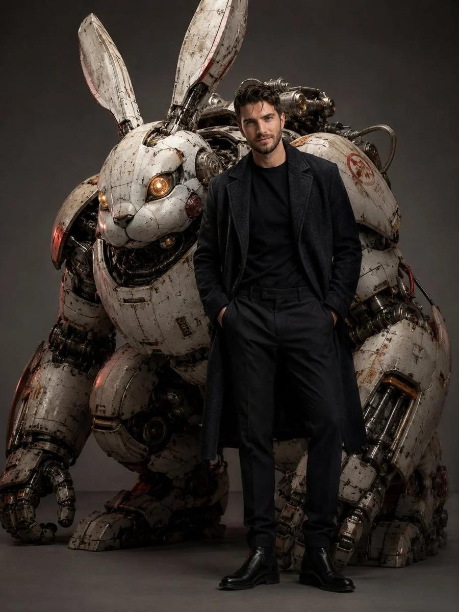 Protective rabbit mecha towers behind its pilot in studio light