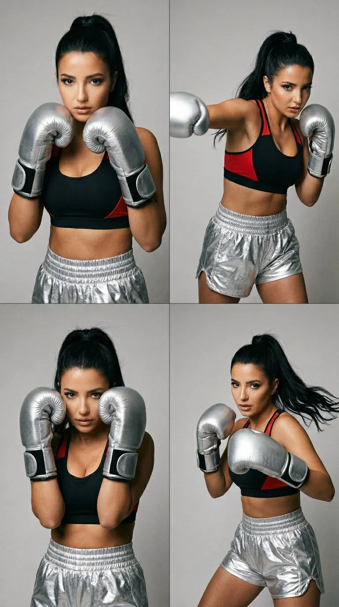 Quad Stance: Silver-Gloved Fighter in Action