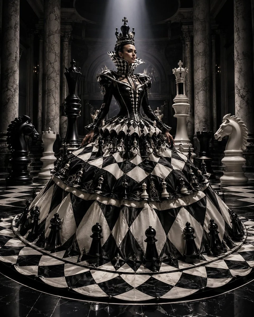 Queen chess piece couture gown on glossy black marble floor
