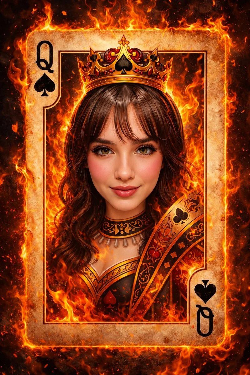 Queen of Spades emerges from flames in a fantasy card portrait