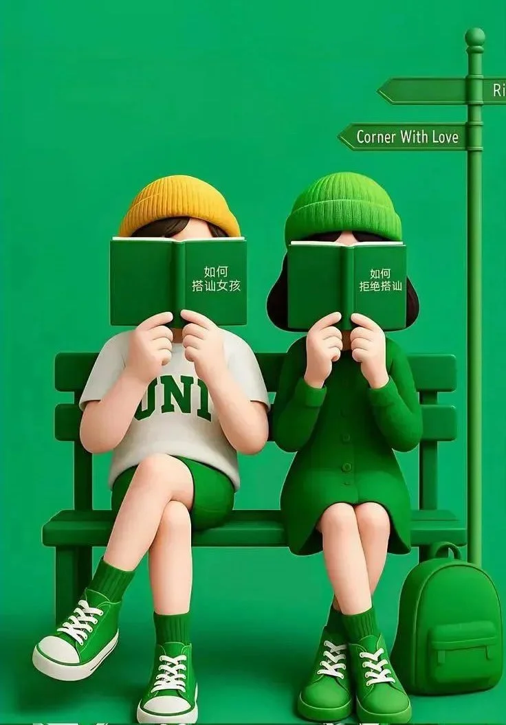 Quiet Companions: 3D Cartoon Duo Immersed in Green Harmony