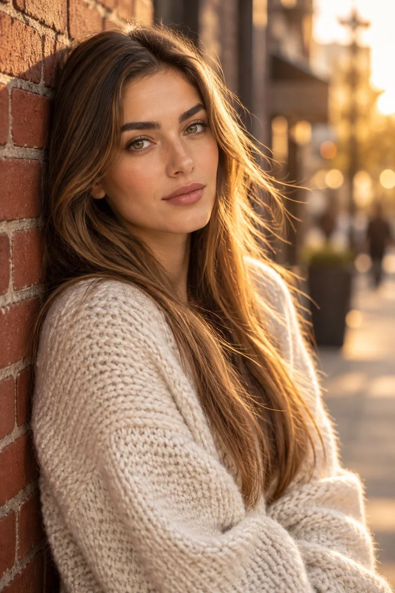 Quiet confidence radiates as Elif stands in city light