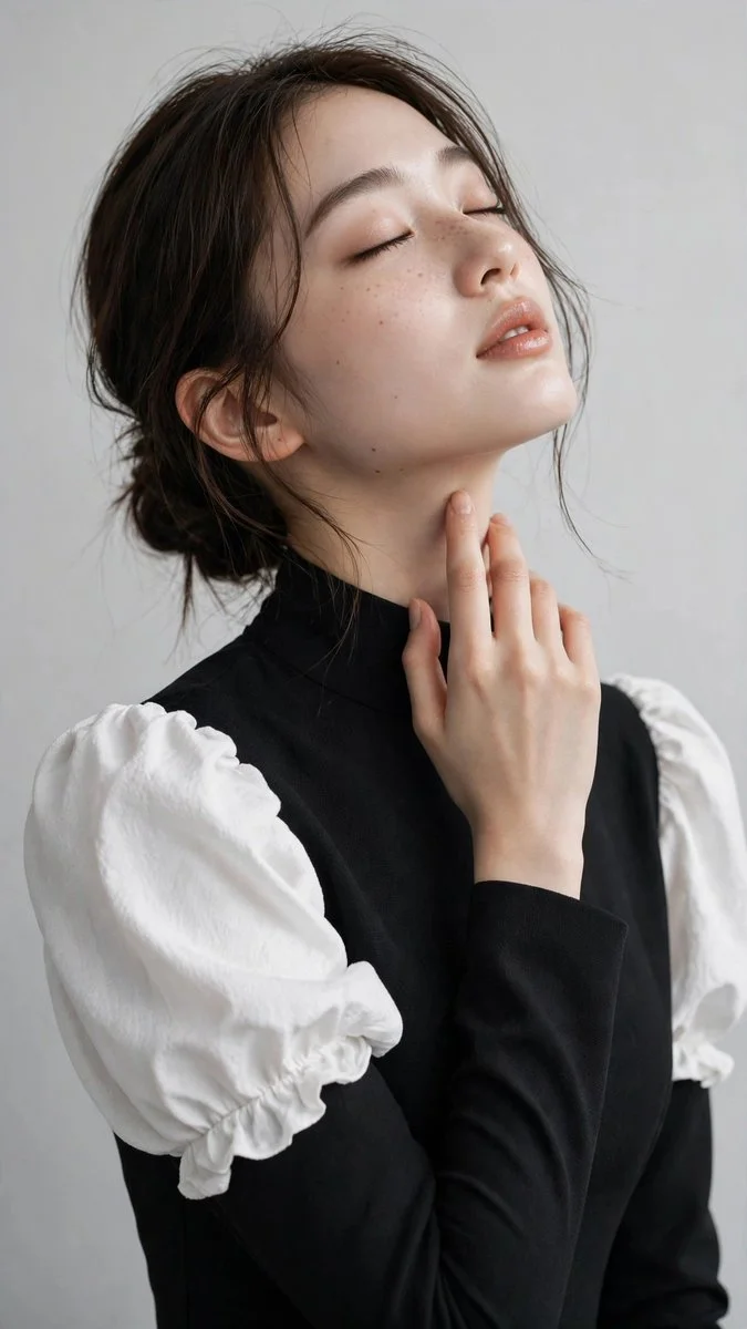 Quiet Elegance: Woman with Freckles in Minimalist Studio Shot