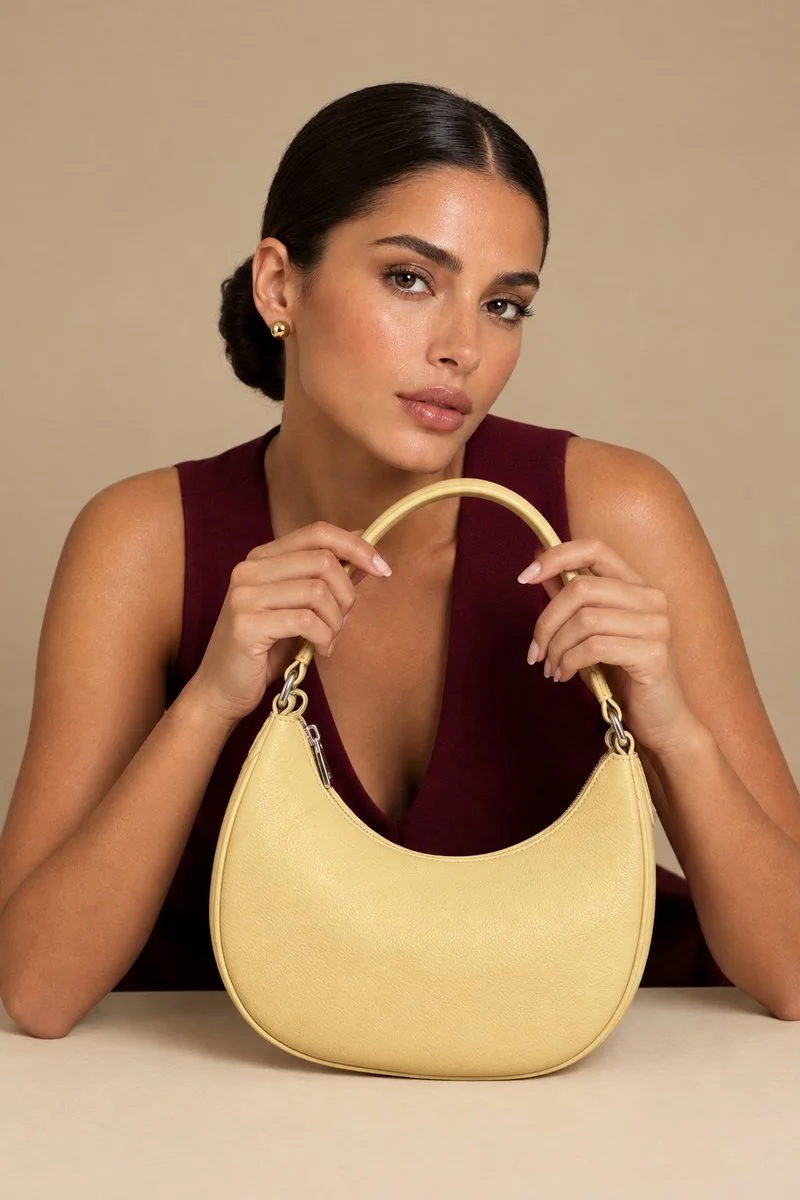 Quiet Luxury Fashion Ad Highlights Minimalist Custard Yellow Handbag