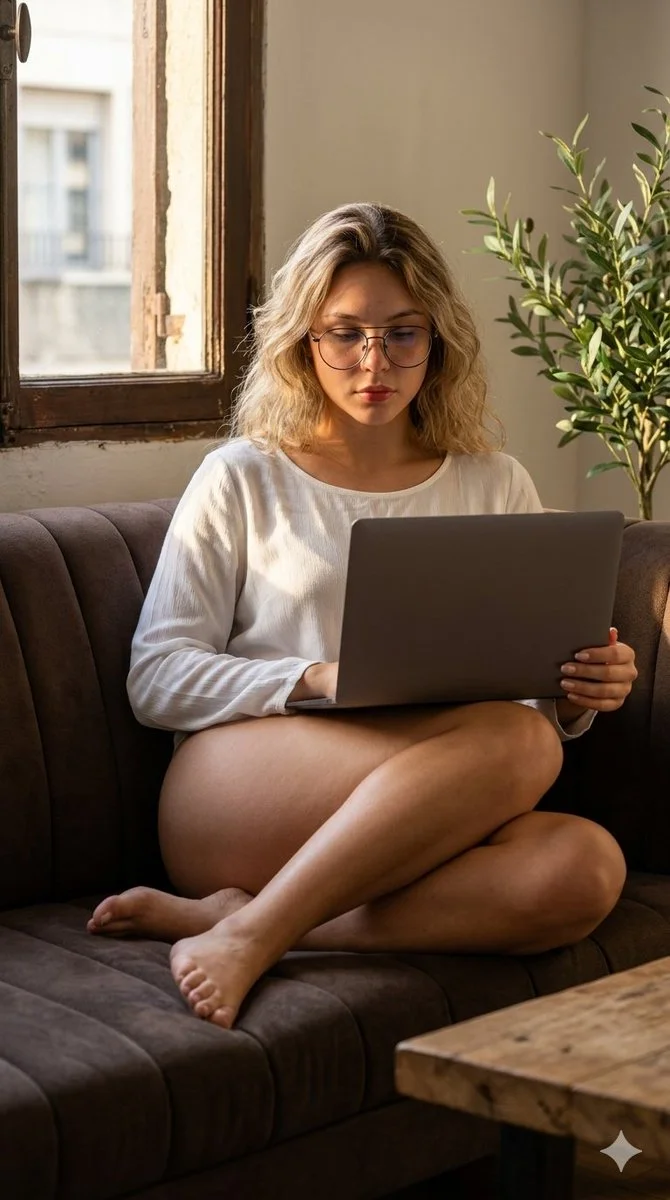 Quiet Morning Focus: Woman Working Calmly in Soft Golden Light