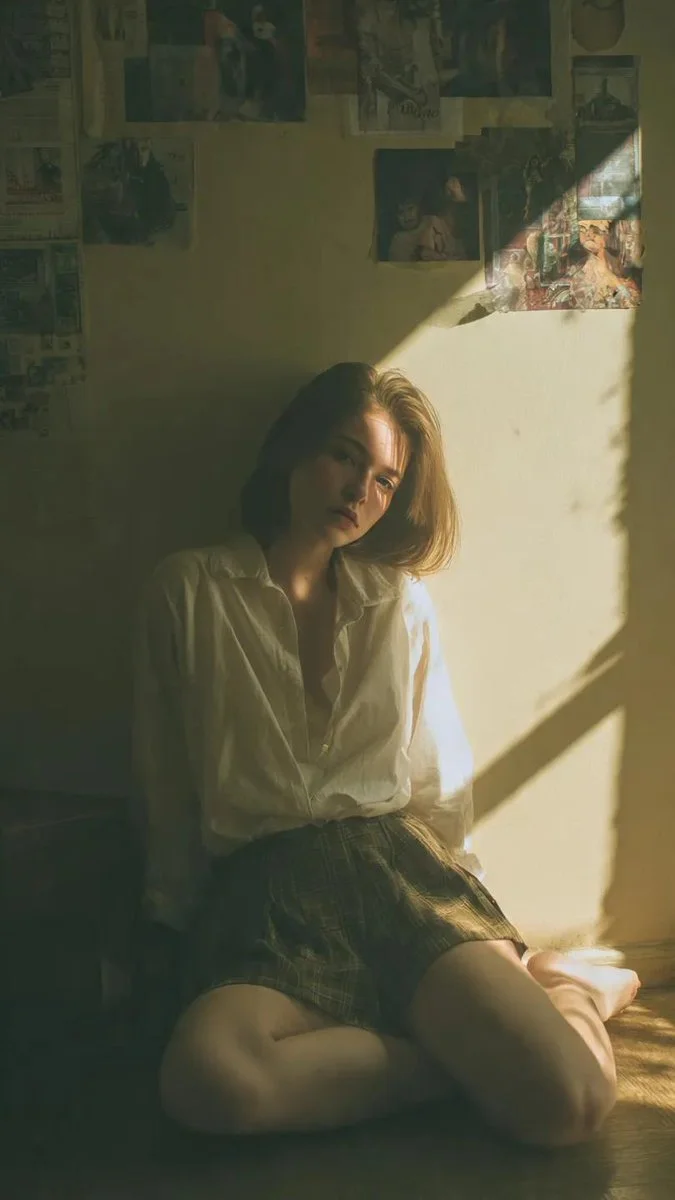 Quiet Reflection in a Vintage Room Bathed in Golden Light