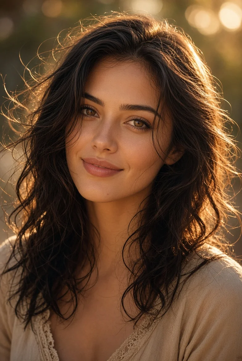 Radiant backlight highlights her natural beauty and warm smile.