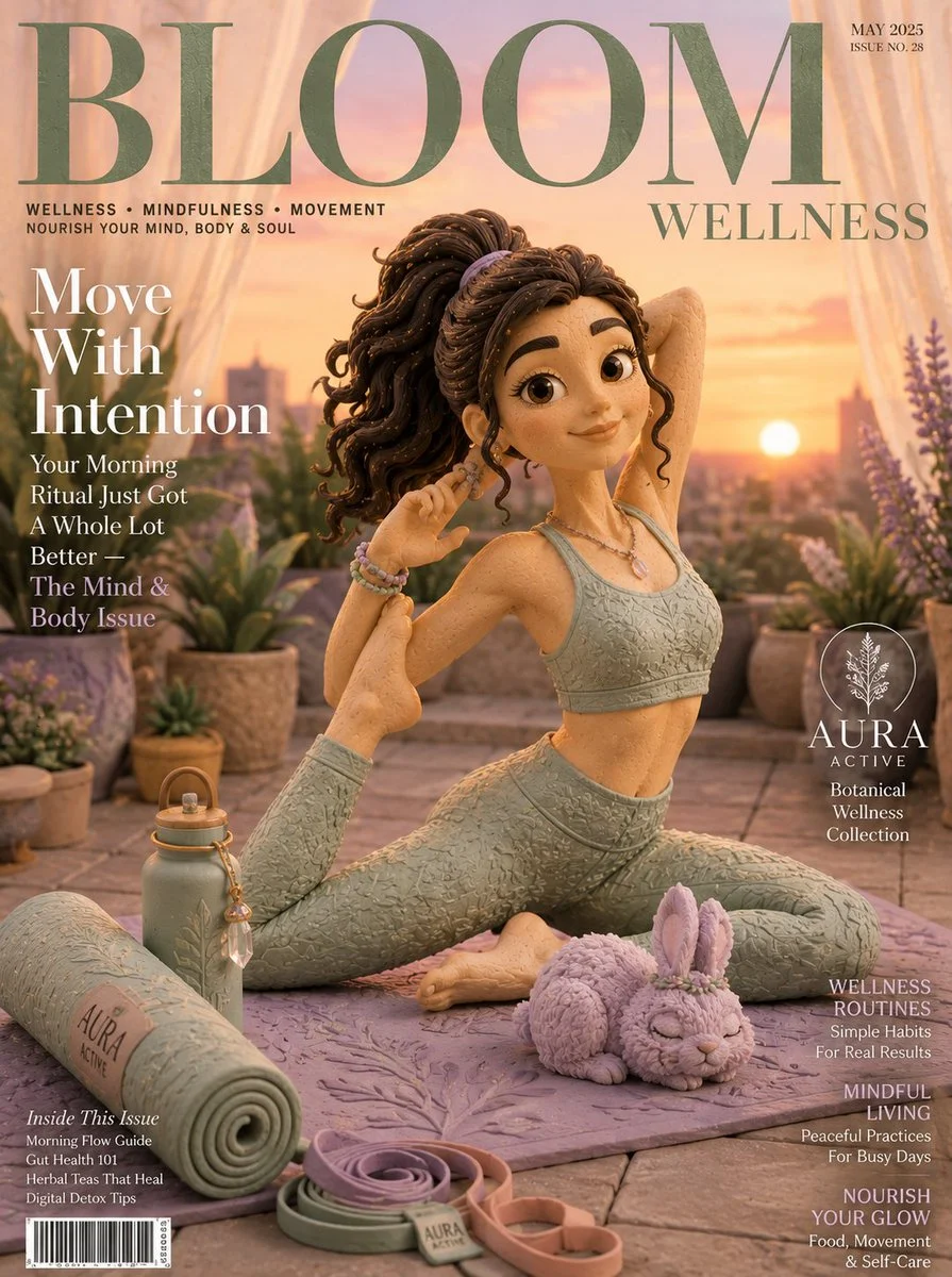 Radiant claymation girl holds yoga pose with lavender bunny