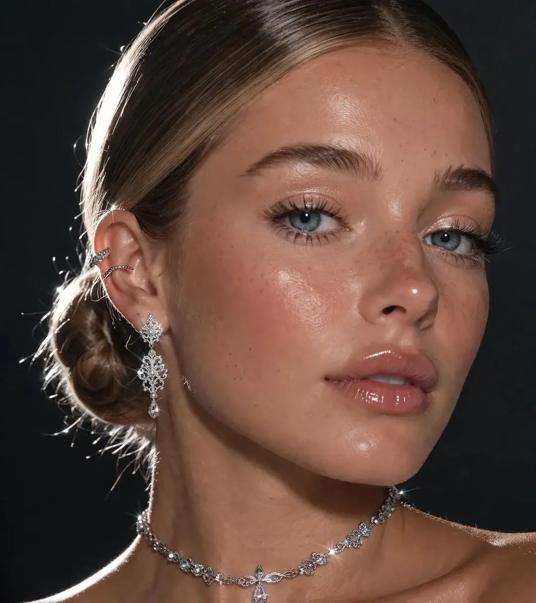 Radiant Elegance in Close-Up: Silver Jewelry and Dewy Glow