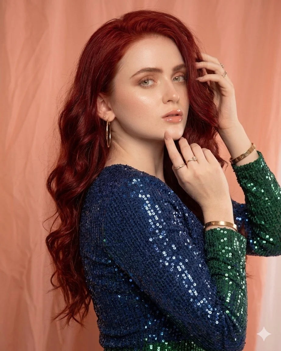 Radiant Elegance: Sequined Gradient Mini Dress with Fiery Red Hair