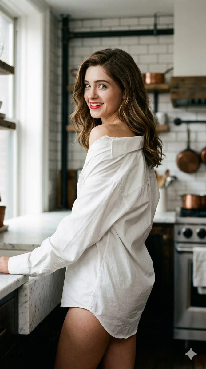Radiant Natalia Dyer in Rustic-Modern Kitchen Elegance