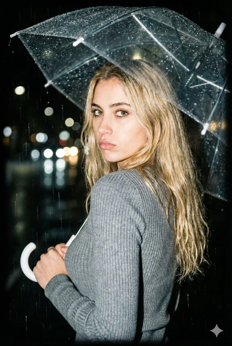 Radiant Rain: A Nighttime Portrait