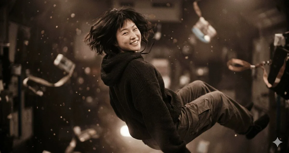 Radiant Smile Amidst Zero Gravity in a Futuristic Spaceship