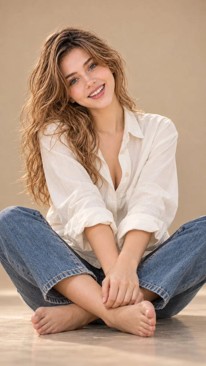 Radiant Woman Cross-Legged Barefoot Studio Portrait With Joyful Laughter