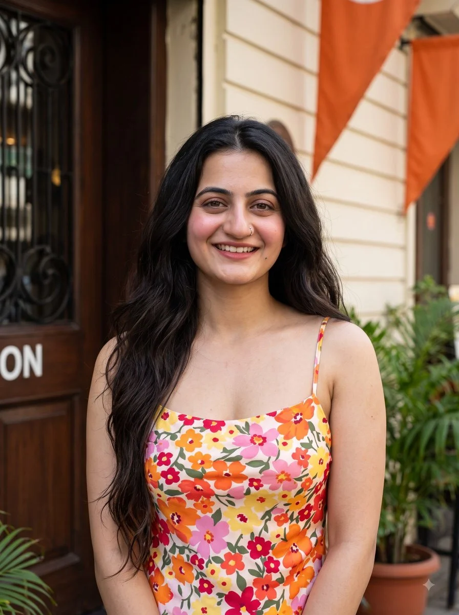 Radiant woman in floral dress smiles warmly under soft natural light