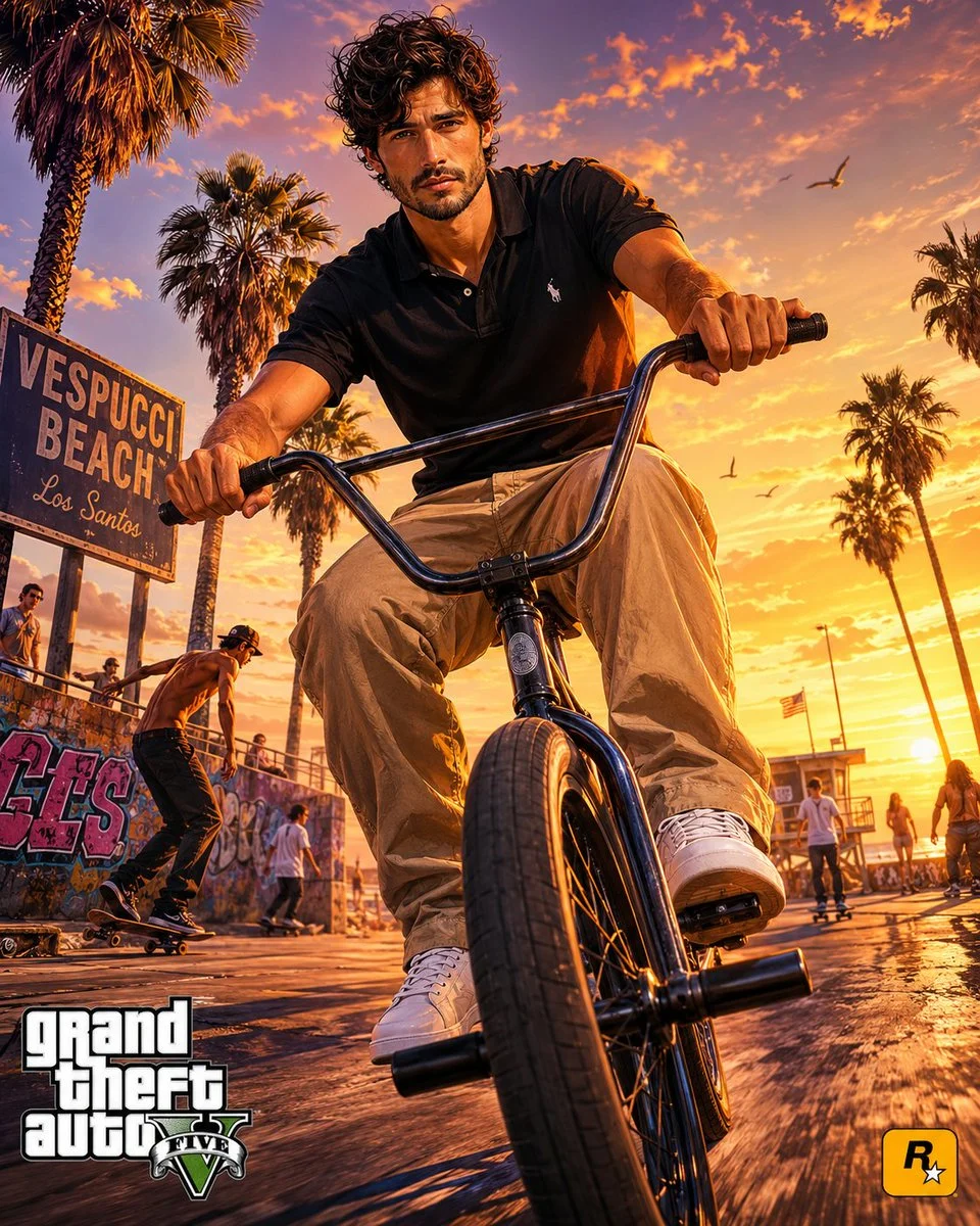 Rafael Franco rides a BMX along Vespucci Beach at sunset