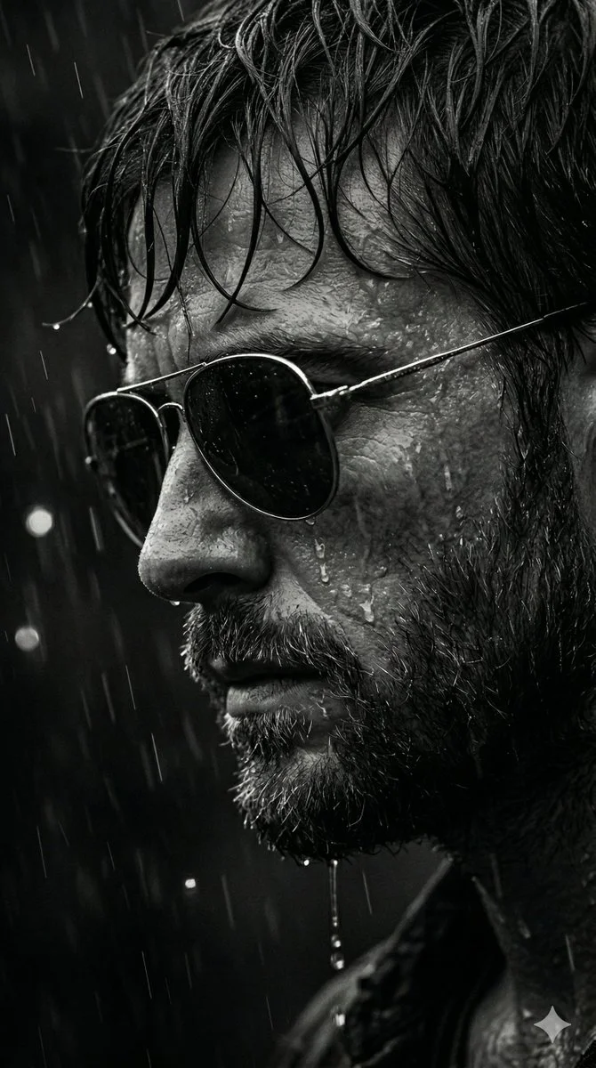 Rain-Kissed Reflection: A Cinematic Black-and-White Portrait