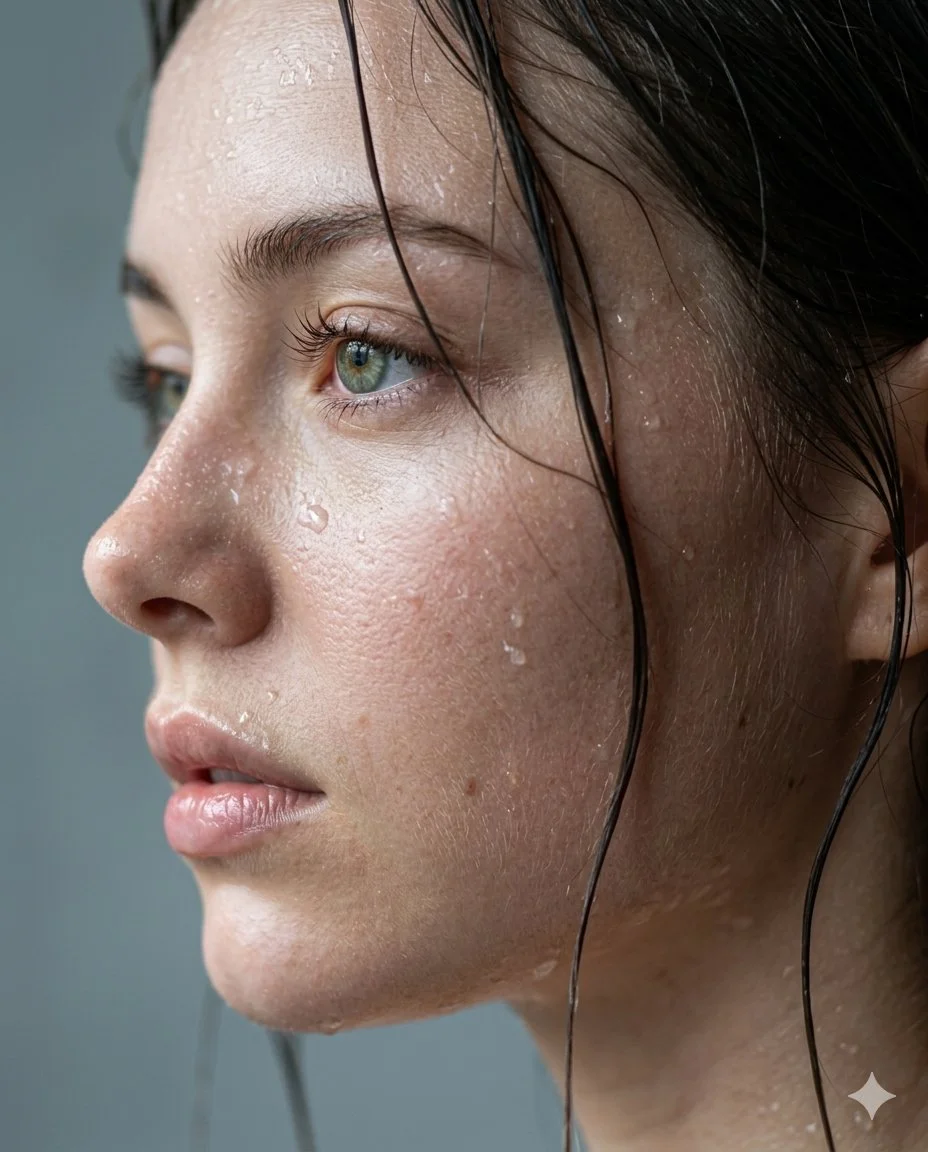 Rain-kissed woman with wet hair glows in soft melancholic light