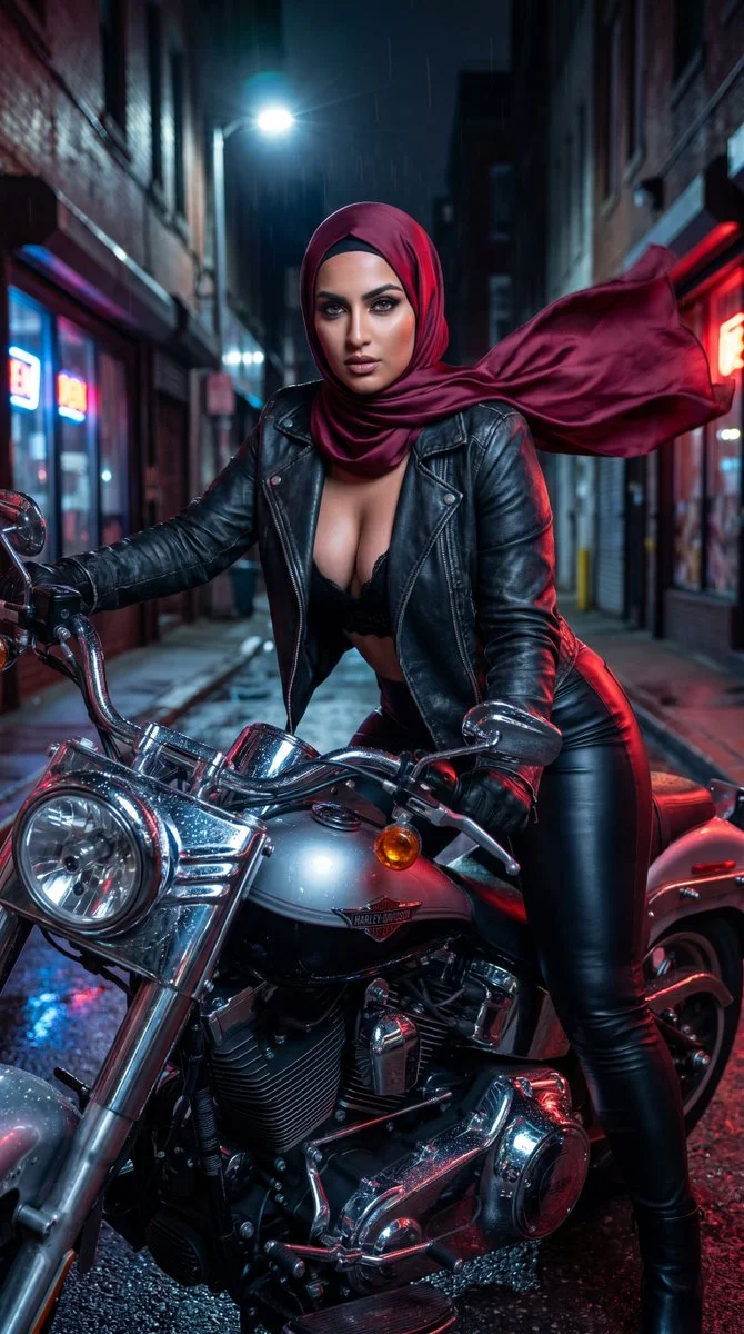 Rain-slicked chrome reflects city lights as a hijabi biker speeds through night.