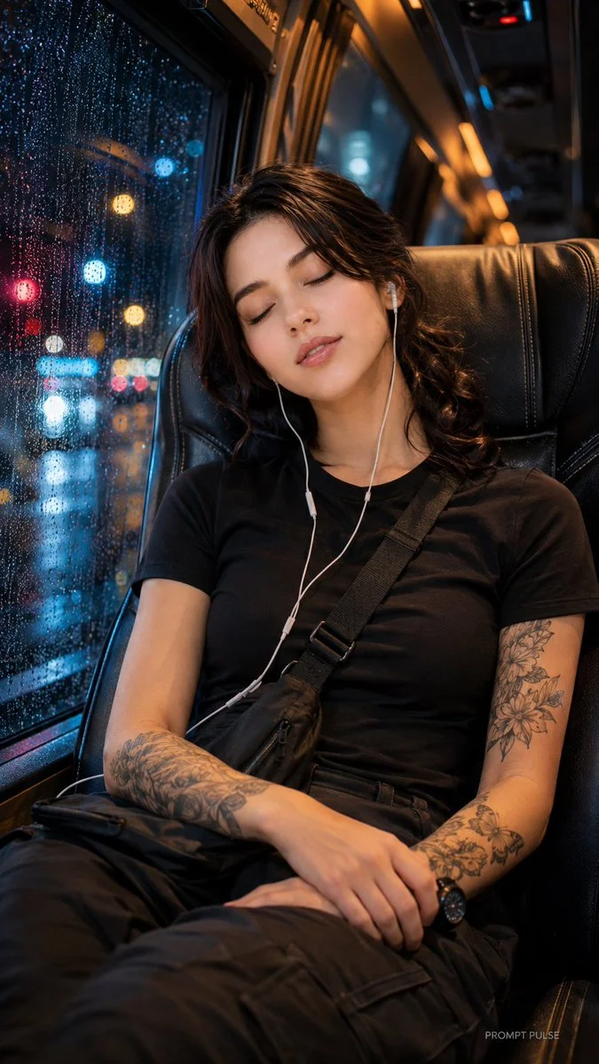 Rain-soaked bus window bokeh frames a woman sleeping peacefully.