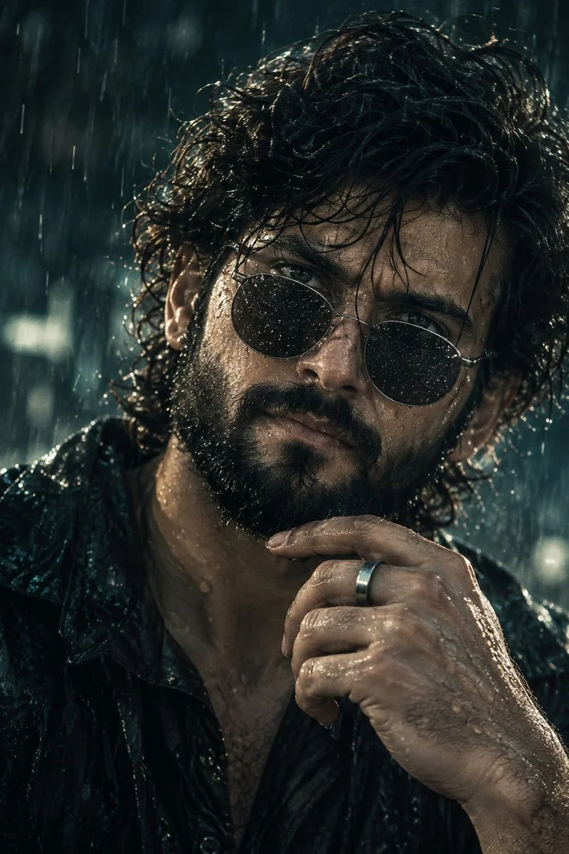 Rain-Soaked Man in Metallic Shades Gazes Intensely Through Storm
